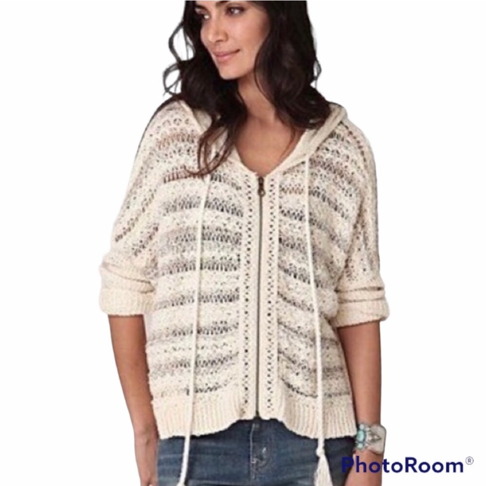 Free People Cream crochet Hooded crop Cardigan